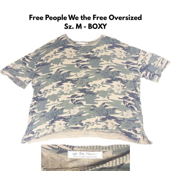 Free People We The Free You And Me Tee Medium Army Floral Camo Oversized Top - Picture 1 of 7